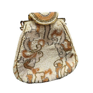 Vintage Art Deco Glass Beaded Purse Evening Clutch 1950s Delill Gold Frame Cream
